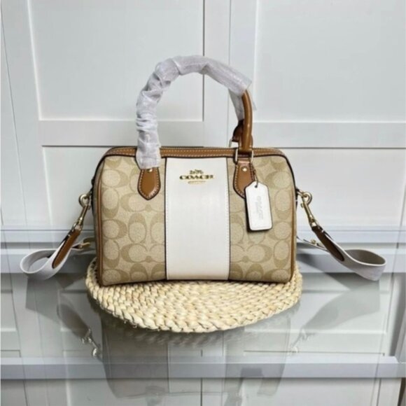 Coach Rowan Women Satchel In Signature Canvas With Stripe Light Khaki Color $495 - Picture 3 of 12